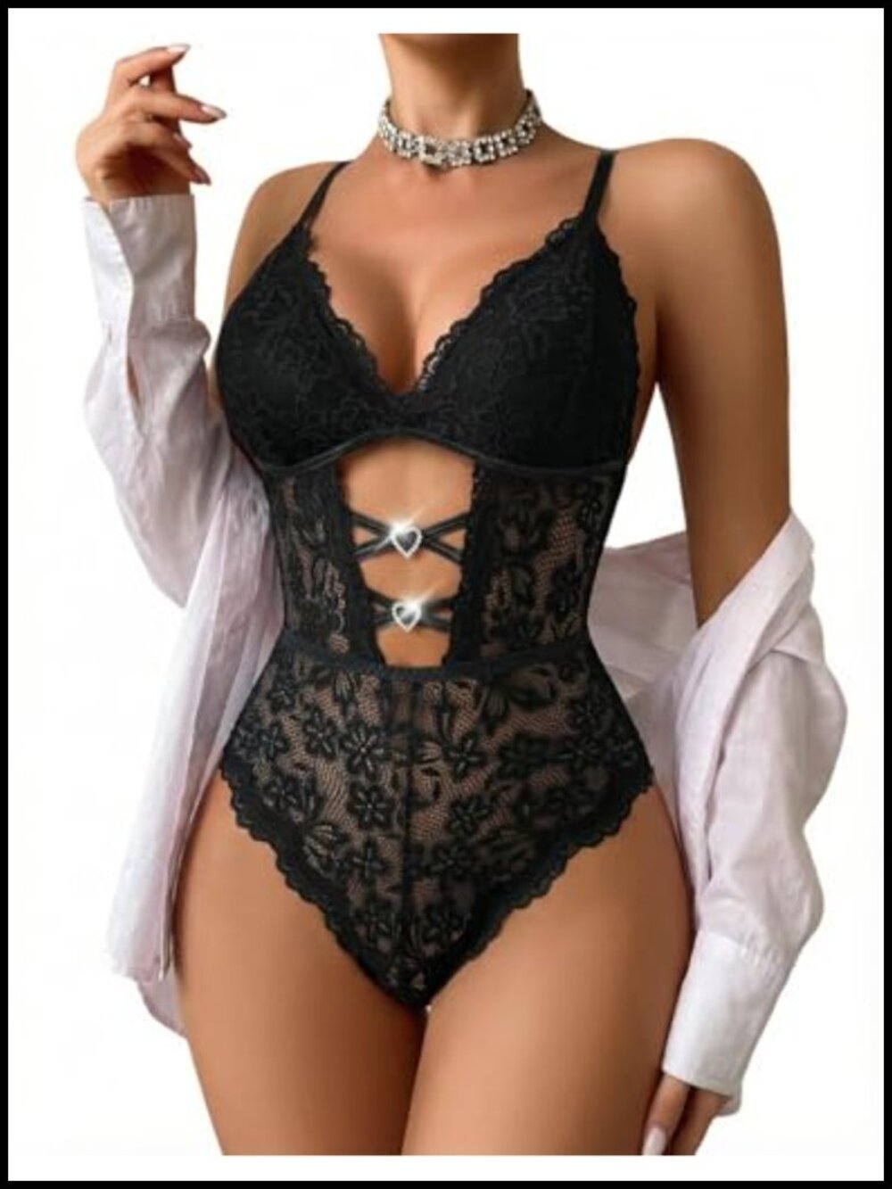 Lace Bodysuit Teddy Lingerie Cutout V-Neck Chain Rhinestone